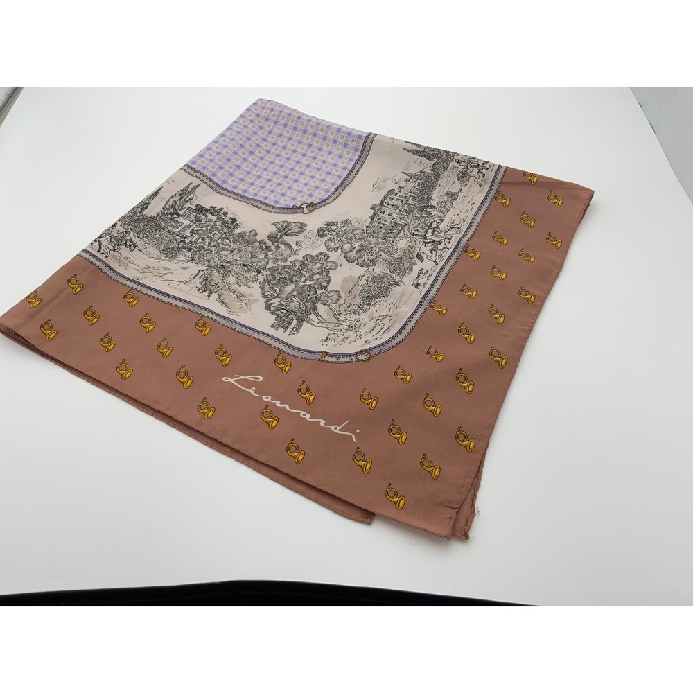 Leonardi Vintage Equestrian Toile Square Scarf Brown Lavender Manor House Horns